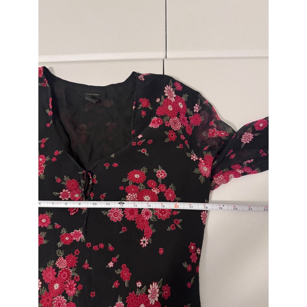 Anne Carson Black Floral Sheer V-Neck Blouse with Pink Flowers - Picture 5 of 6